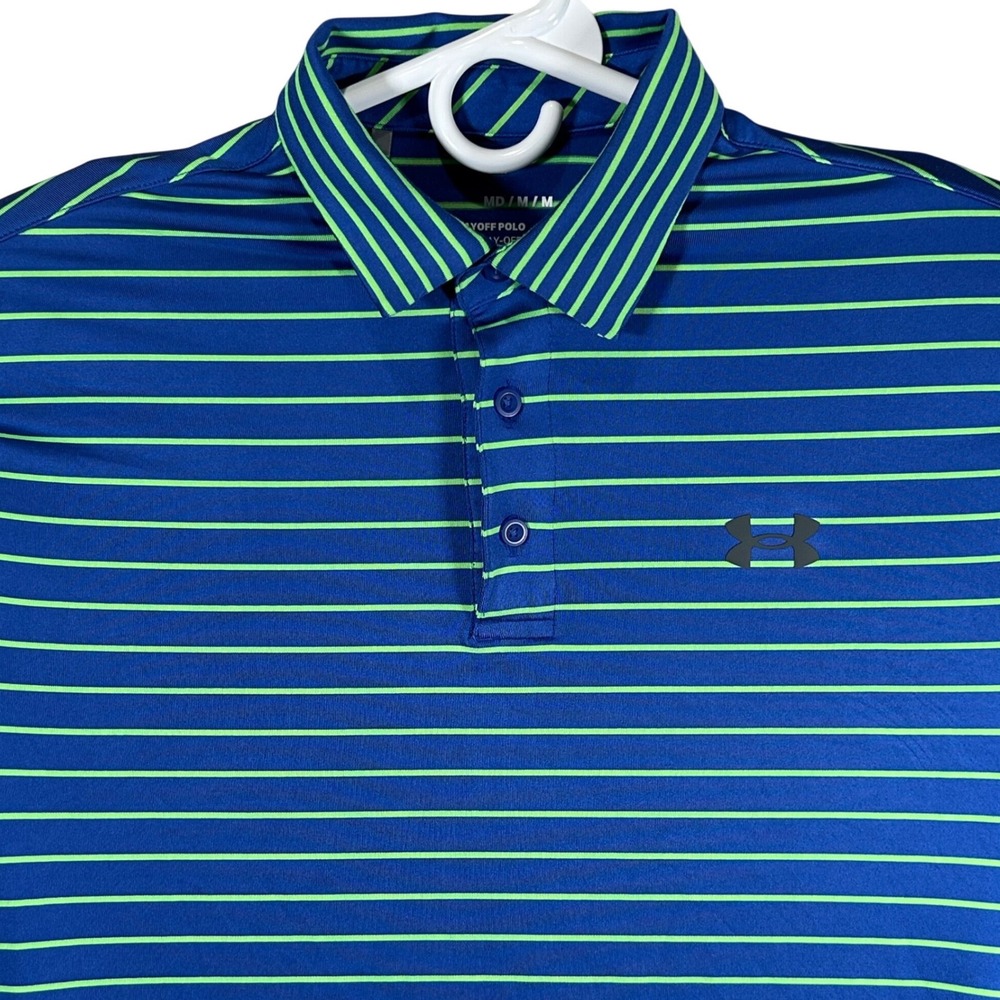 Under Armour Mens Playoff Polo Blue Lime Green Striped Golf Shirt Size Medium